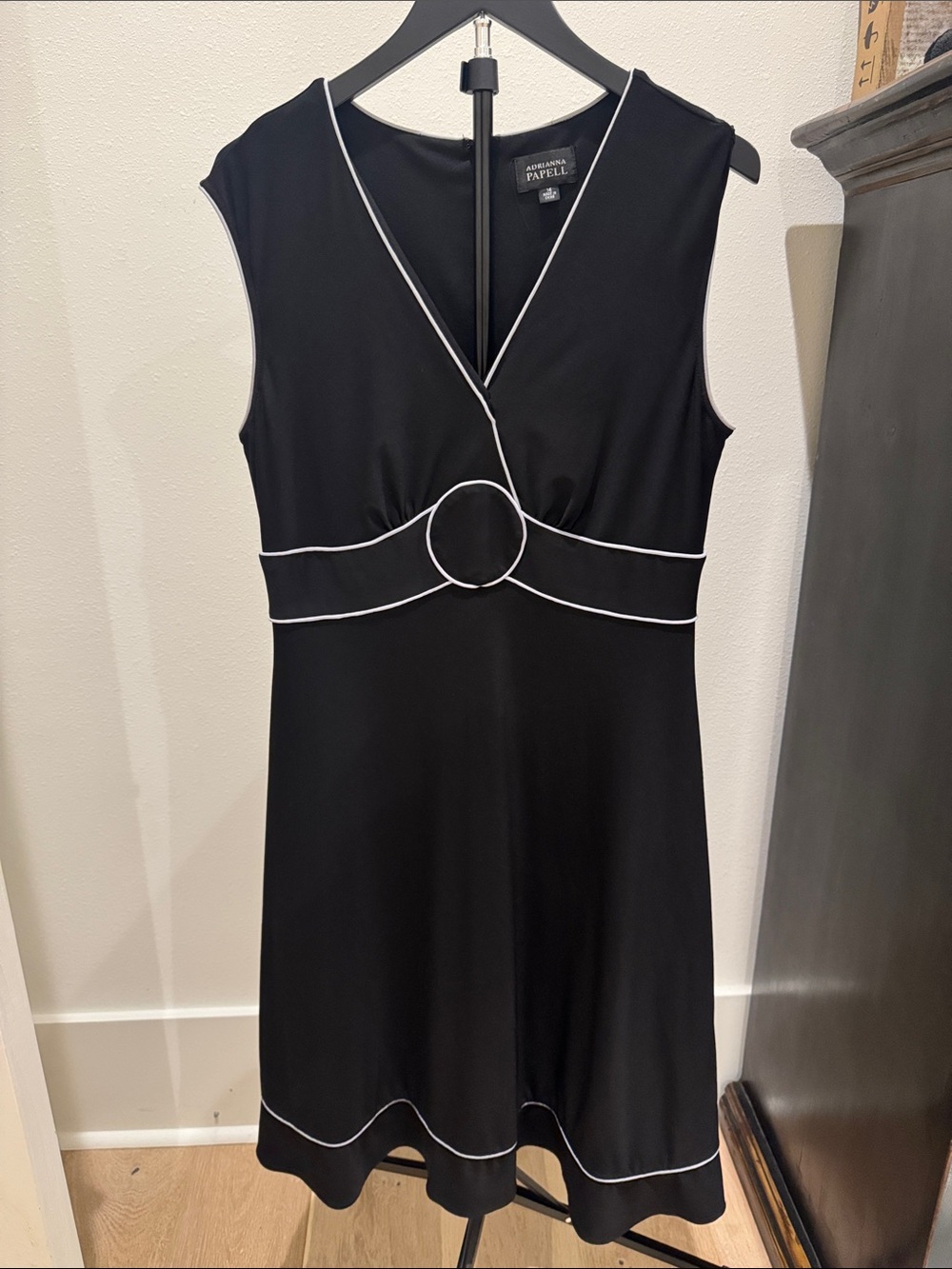 Adrianna Papell Black Midi Dress with White Piping